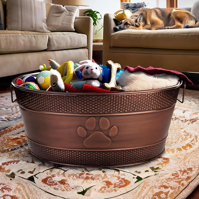 BREKX Copper Metal Dog Toy Storage Bin, Indestructible, Large | Toy Box, Blanket & Leash Organization • Handles