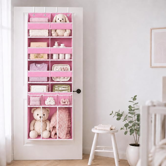 Extra Large Over The Door Organizer with Clear Pockets - 8 Compartments & XL Bottom Storage, Heavy-Duty Hanging Organizer for Bathroom, Bedroom, Closet (57 Inch Height). (Pink)