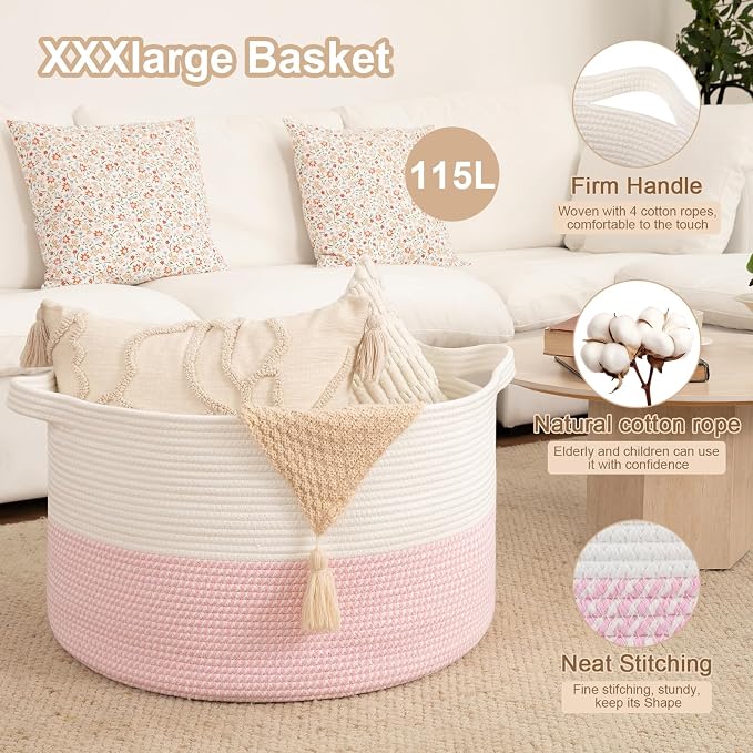 OIAHOMY 115L Extra Large Blanket Basket for Living Room, 23.6" x 15.4" Woven Cotton Rope Laundry Basket for Organizing Pillows, Decorative Stuffed Animal Toy Storage for Nursery, White and Pink