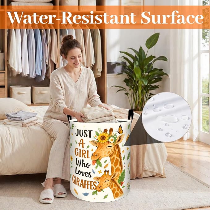 Cute Giraffe Laundry Basket, Safari Animal Leaf Flower Oxford Cloth Dirty Clothes Collapsible Hamper for Room Decor, Wildlife Gifts, Toy Organizer 19.7 x 15.7 Inches for Bedroom Bathroom Dorm