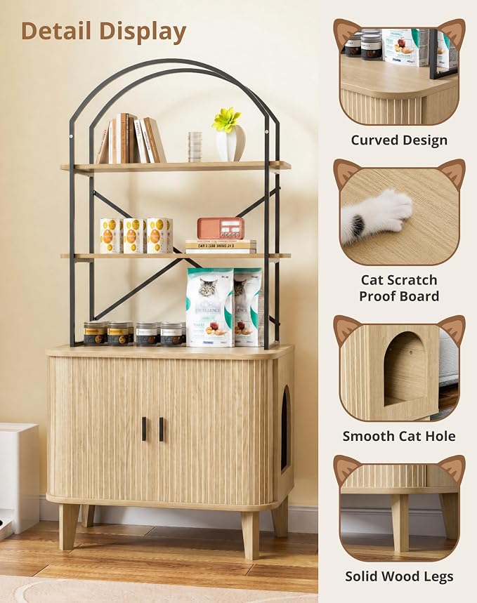 31.5" Cat Litter Box Enclosure,Hidden Litter Box Furniture with 2-Tier Storage Shelves,Wooden Cat Washroom and Pet House with Sliding Tambour Door for Living Room, Oak