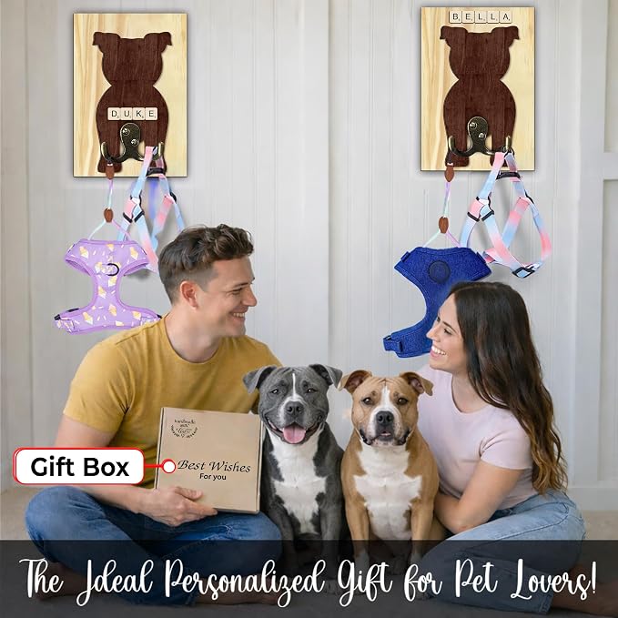 Pitbull Dog Leash Holder Wall Mount with Scrabble Letters, Wooden Dog Wall Hook Organizer, Pet Collar and Harness Hanger for Entryway, Key Hook Gift for Pet Lovers, Home Decoration PF297-55