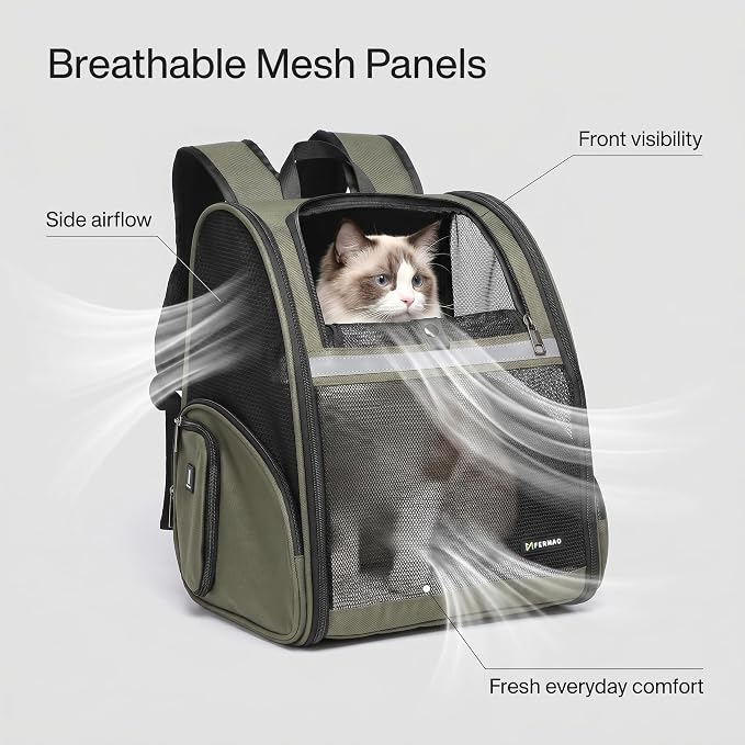 Cat Backpack Carrier for Small Dogs and Medium cat Puppy Kitten Bunny Pet Carrier Backpack Collapsible with Fully Ventilated Mesh with Safety Leash (DarkGreen, 12.9" L x 10.62" W x 15.5" H - M)