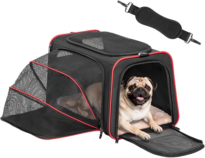 Petsfit Large Expandable Cat Carrier for Travel, Up to 18 lb | 19 x 12 x 12 in; roomy expandable space with a reinforced frame, locking zippers, interior safety tether and large pocket.