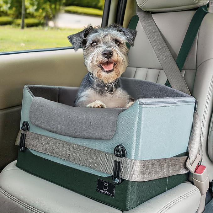 A 4 Pet Dog Booster Car Seat, Under 25 lbs, Patent Buckles | Clip-on safety leash, portable, pet travel carrier, fits most cars