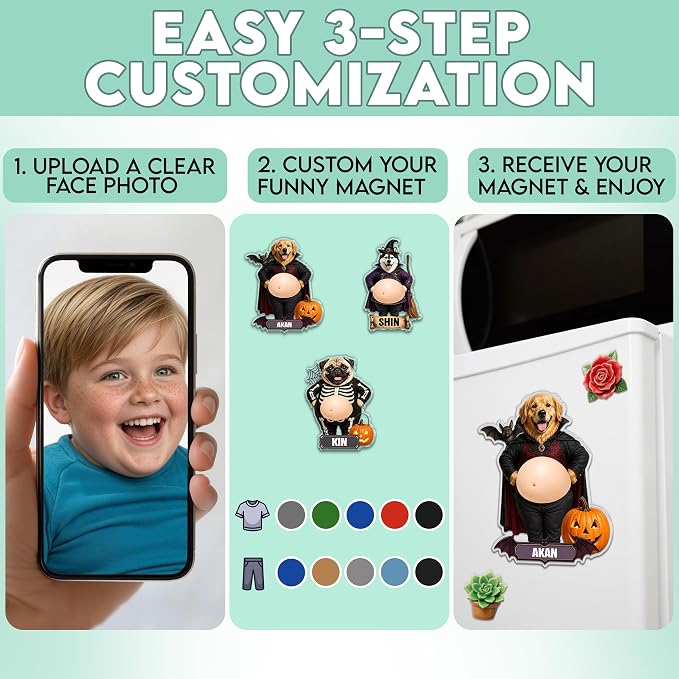 Customized Pet Halloween Photo Face Squishy Belly Fridge Magnet | Funny Custom Pet Face Character with Halloween Outfit, Personalized Name and Acrylic Gift for Dog and Cat Lovers