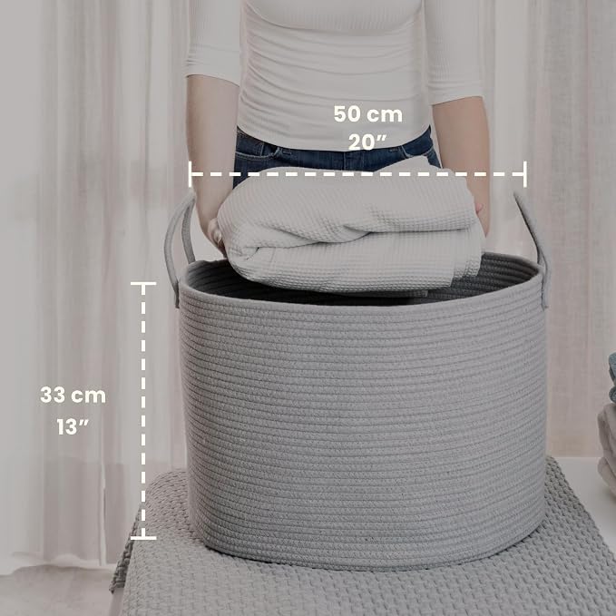 OrganiHaus Round Toy Basket & Blanket Basket, Cotton Rope 20x13" | Full Gray - Round Cotton Rope Basket, 20x13"