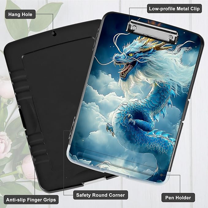A4 Clipboard with Storage Pen Holder, Clipboards Organizer Nursing Clipboard Foldable File Folder Plastic Clipboard Folio Clip Board for Office Work Classroom Doctor, Cloud Blue Dragon