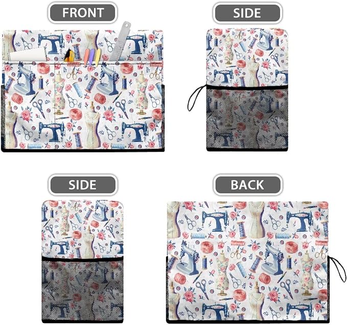 Sewing Themed Sewing Machine Cover with Storage Pockets,Dust & Pet Hair Protection,Fits Standard Singer, Brother and Janome Machines, Protecting & Decorating Your Sewing Space (White)