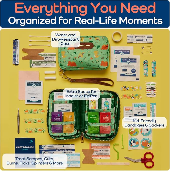KeepGoing Travel First Aid Kit for Kids, 130 Pc. TSA-Approved Travel Size | Toddler First Aid Kit, Mini First Aid Kit for Car, Home, Purse, Diaper Bag & Backpack, Latex-Free Bandages