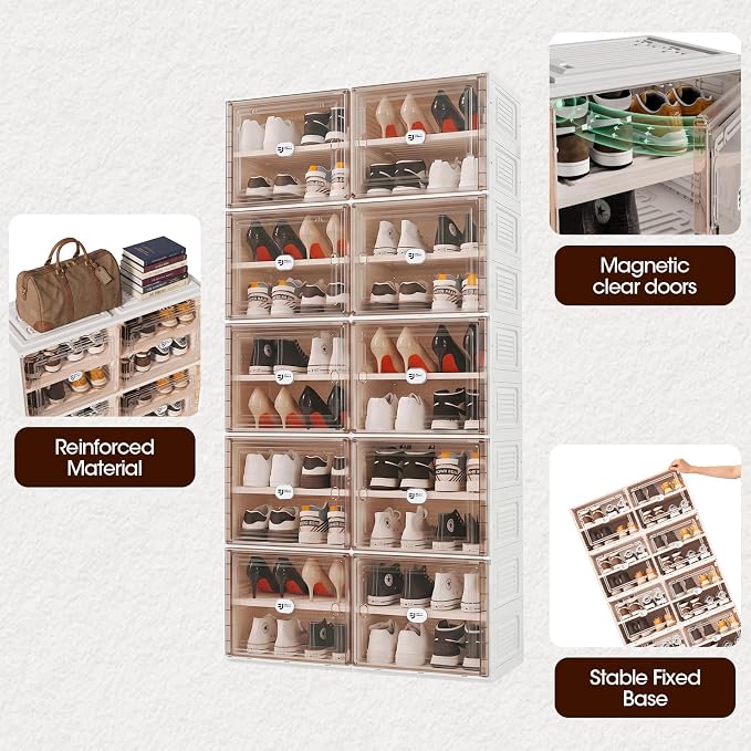 White Foldable Shoe Rack Organizer for 40 Pairs | Tool-free Assembly, Magnetic Clear Door, Anti-Tiping, Sneaker Storage, adjustable shelf, Folding Design, Garage, Entryway