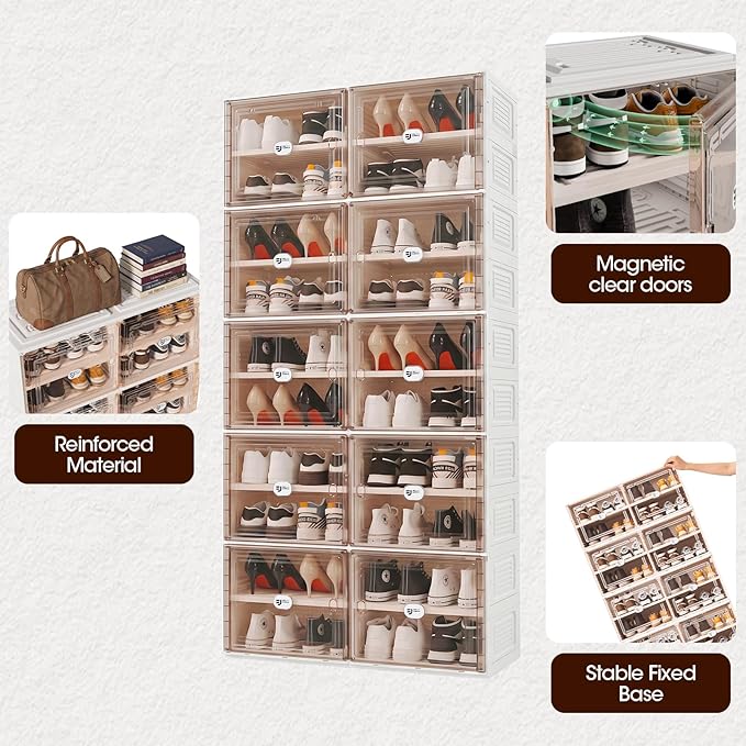 White Shoe Rack Organizer for 24 Pairs of Folding Design | Tool-free Assembly, Magnetic Clear Door, Anti-Tiping, Sneaker Storage, adjustable shelf, Folding Design, Garage, Entryway