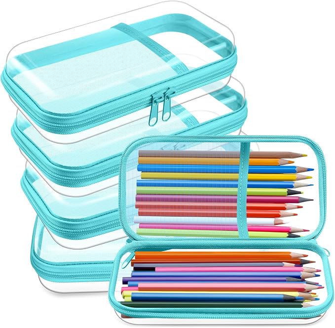 Sanwuta 4 Pcs Clear Hard Shell Zipper Case Clear Travel Pouches Bulk Plastic Portable Travel Organizer Bin with Mesh Pocket Toiletry Pouch Cosmetics Makeup Bag Snack Toiletry Bag(Blue-green)