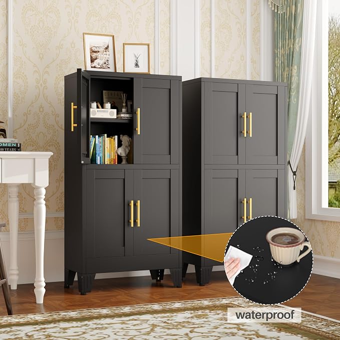 47” Black Metal Bathroom Storage Cabinet, Kitchen Pantry Cabinet | Steel Storage Cabinet with Doors and 3 Adjustable Shelves, Bathroom cabinets Organizer, for Home Office, Bedroom