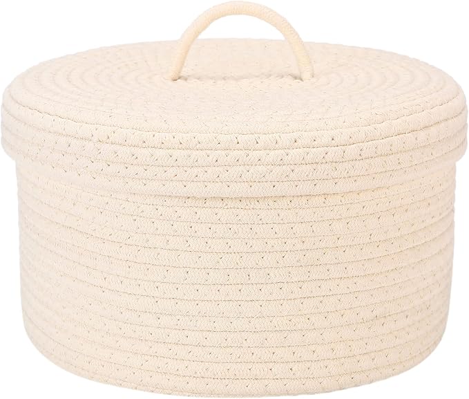 Sea Team Round Storage Basket, Woven Cotton Rope Basket with Lid, Cream | Decorative Knitted Storage Bin, Multi-Purpose Lidded Organizer for Closet Shelves, Nursery and Household Storage