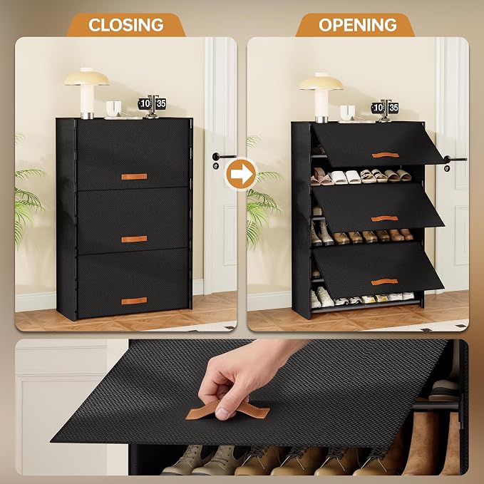 6-Tier Shoe Storage Cabinet with Fabric Cover, Hard Flip Doors, Holds 18–24 Pairs, Enclosed Dustproof Shoe Rack Organizer for Entryway, Closet & Bedroom, Shoe Shelf, Black, 27.8" x 12.0" x 41.9"