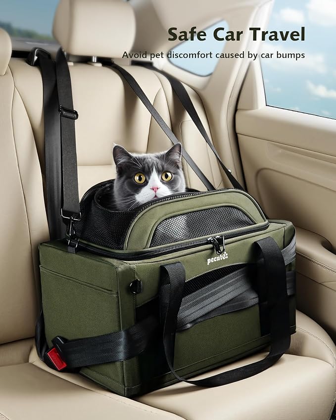 Pecute Expandable Airline Approved Pet Carrier for Cats & Dogs, Olive Green | Airline Approved Dog Carrier, Under-seat, Anti-scratch Mesh, Safety Leash, Locking Zippers, Leakproof Pee Pad