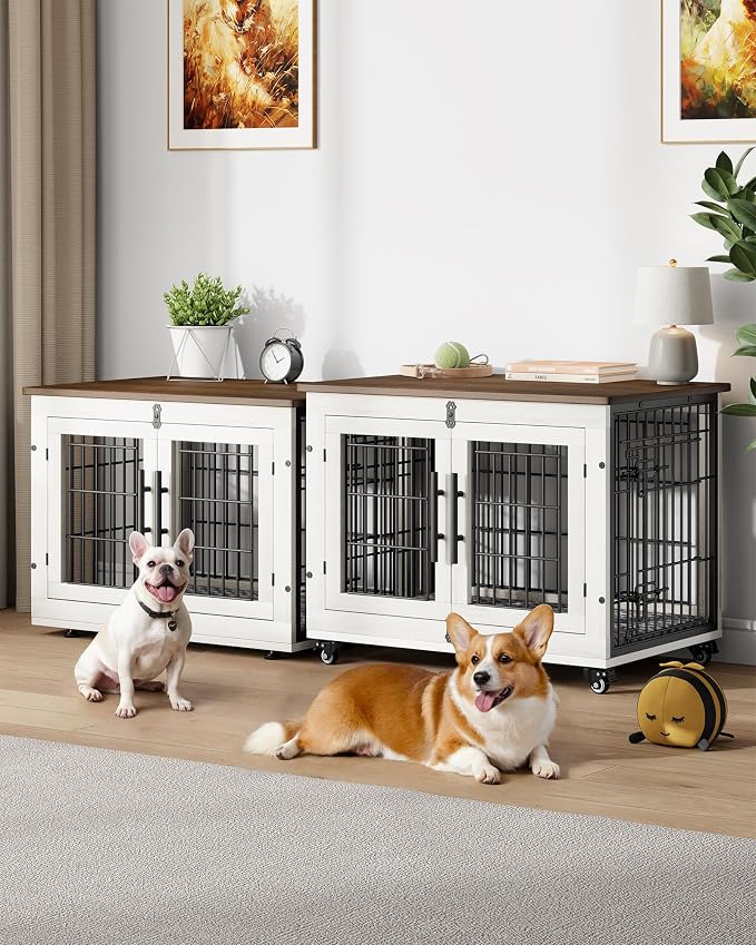 YaFiti Dog Crate Furniture, 32.5” Wooden Indoor Dog Kennel, 2 Pack, White | Cushion, Wheels, Double Doors, Furniture Style, Side End Table, Decorative Pet Cage House, Up to 45 lb, for Small/Medium Dogs