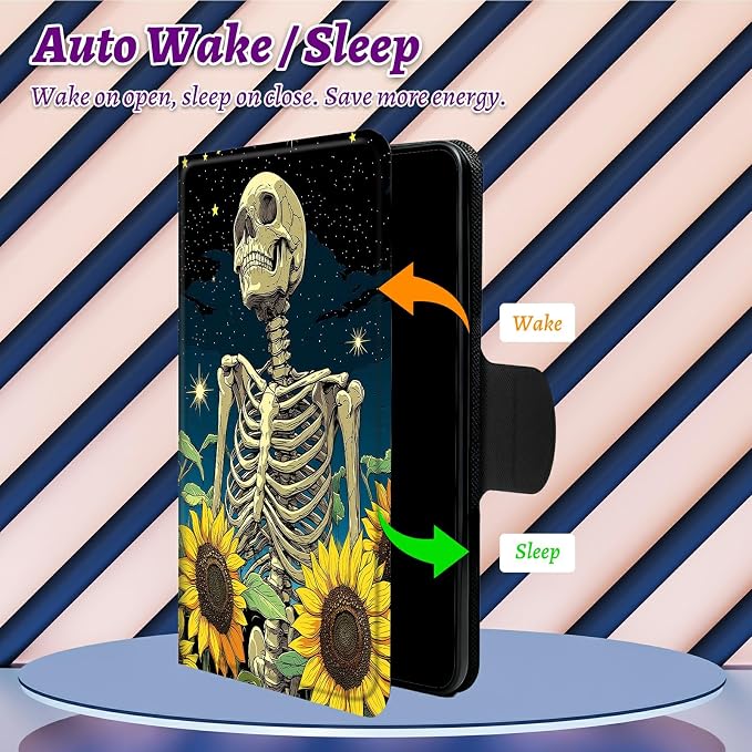 Rotating Handle Case for Samsung Galaxy Tab S6 Lite 10.4" 2024/2022/2020, 360 Degree Swivel Kickstand with Magnetic Closure Shockproof Leather Cover for Women Men, Dark Skull Sunflower