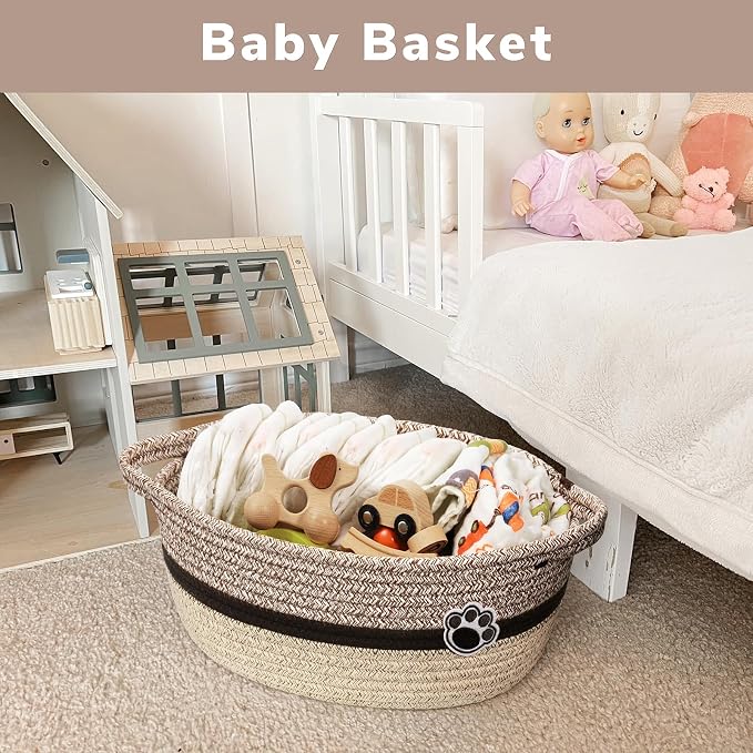 Woven Rope Dog Toy Basket with Paw Print, Brown Mix | 12"x 8" x 5" Small Dog Toy Bin & Box with Handles, Fits Living Room Bedroom Nursery Organization, Gift Basket Empty for Pets