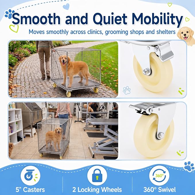 DaisyInner 42" x 24" Chrome Dog Cage Cart with Wheels Heavy Duty Kennel Trolley 330 Lbs Capacity with Removable Pull Rope and Handle Locking Casters for Vet Clinic, Grooming, Shelter