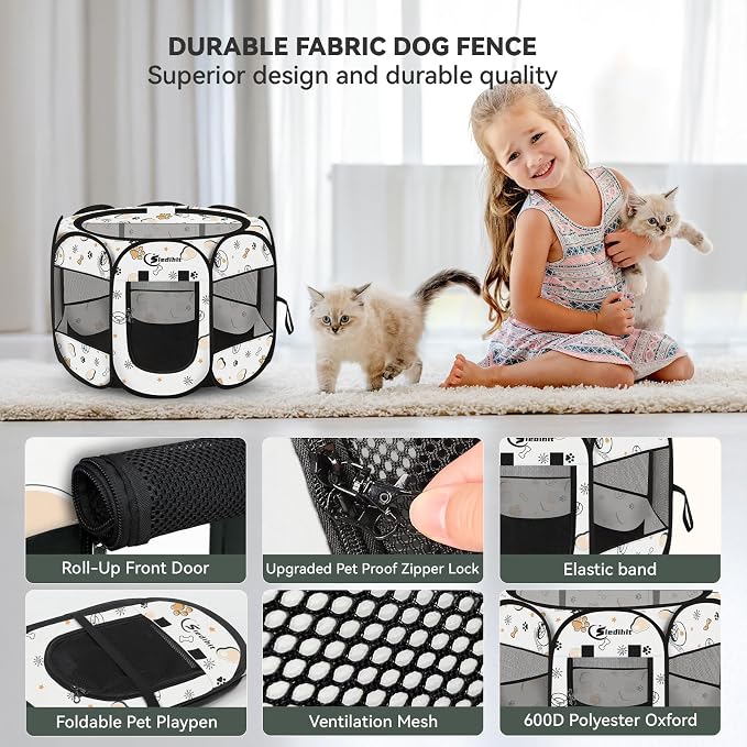 Siedihit Dog Cat Playpen, Puppy Pet Playpen Indoor for Small Dog Crate Tent | Cage Outdoor, Portable Pop Up Dogs Enclosure Kennel with Carrying Case for Dogs/Cats/Rabbits (Cute, Small)