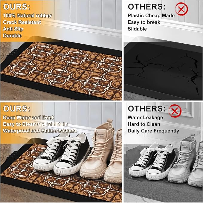 BEHERO Boot Tray Shoe Mat Decorative Patterned, Rubber Boot Matt Tray Indoor and Outdoor Use, 16" x27.5" Shoe Cleaning Mat Non-Slip, Shoe Storage Waterproof with Artistic Prints for Entryway(Brown)