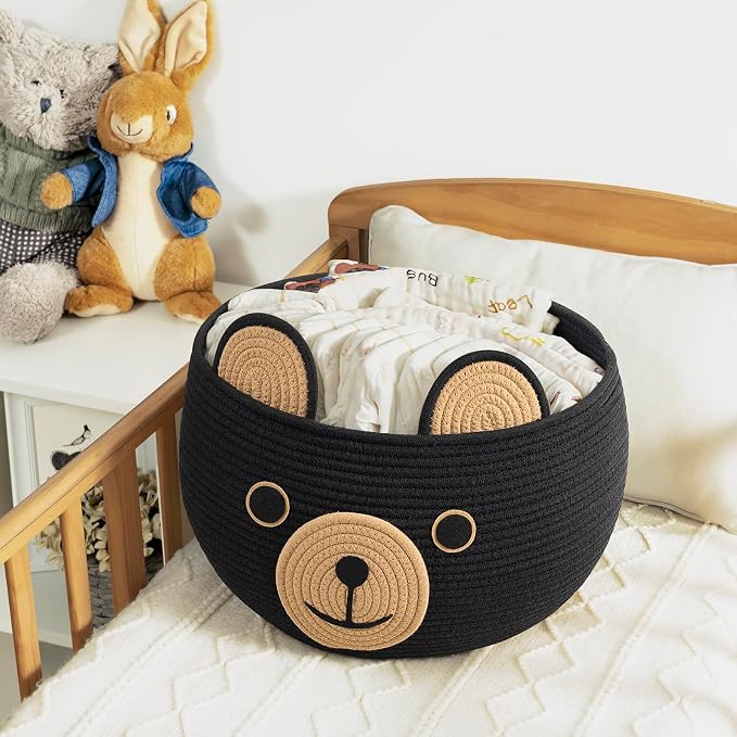 CherryNow Large Baby Basket for Gifts Empty, Cute Bear Design, Black | 15.7" x 10.5" Baby Shower Basket for Kids Boys Newborn Storage, Woven Rope Toy Basket, Fits Living Room Nursery Décor