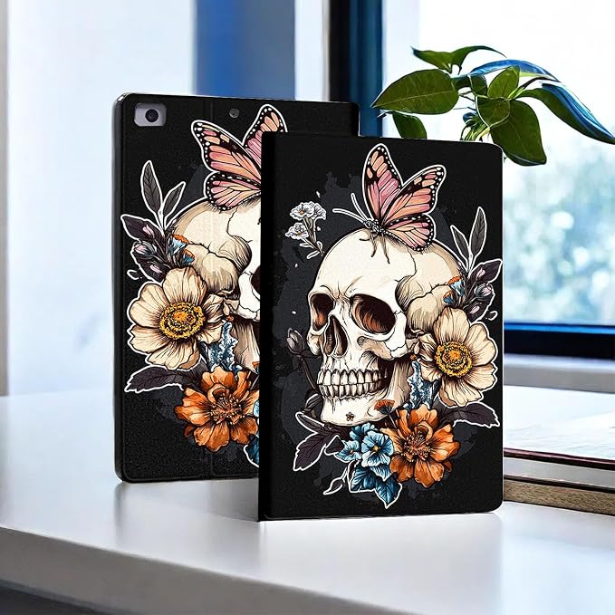 for Microsoft Surface Go 4/3/2/1-10.5" 2021 Tablet Case,Auto Wake/Sleep,Adjustable Stand Protective Cover - Skull Butterfly Flower