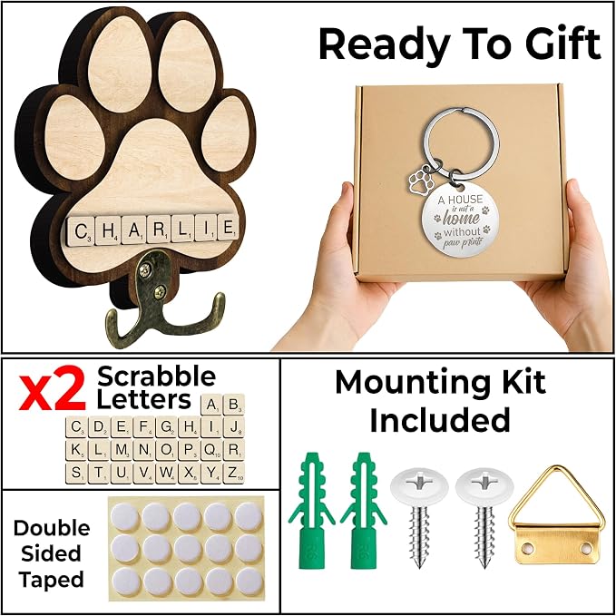 Dog Leash Holder for Wall Mount with Scrabble Letters, Wooden Paw Print Wall Hook, Pet Collar and Harness Organizer for Entryway, Key Hook for Pet Lovers & Dog Owners, Home Decor PF283