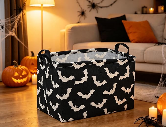 Essme Rectangular Bat Basket,Kids Storage Bins Organizer with Handles for Halloween Room Decor, Gift Basket,Shelf Basket.(Black bat)