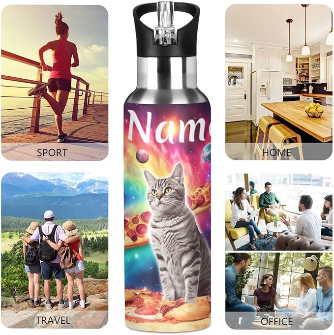 Custom Name Cat Pizza Planets Space Water Bottle with Straw Lid Kids Insulated Stainless Steel Water Flask Sports, 20 Oz Hot Cold
