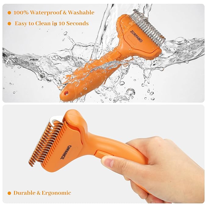 Undercoat Rake & Self-Cleaning Deshedding Brush for Dogs & Cats, Removes Mats & 95% Loose Hair, Grooming Tool for Long Hair Pets - Orange