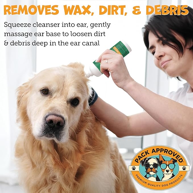 Pack Approved Cat & Dog Ear Cleaning Solution - Helps Remove Wax, Debris, and Dirt - Non-Stinging, Non-Burning Daily Use Formula - Cat & Dog Ear Wash for Itchy Ears - Cucumber Melon Scent (8oz)