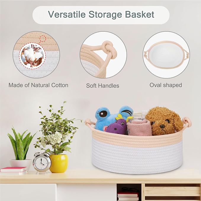 COMSE Small Gift Basket Empty with Bag & Ribbons, Beige & White | Cotton Rope, 12"x 8"x 5", Pet Toy Storage Organizer, Woven Basket for Birthdays, Baby Showers, Mother’s Day, Valentine’s Day