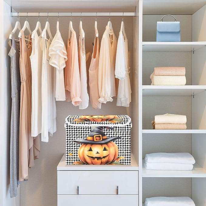 Halloween Pumpkin Fabric Storage Bins with Lid Closet Storage Basket 40L | Decorative Storage Boxes, Foldable & Stackable, Dust-Proof Flip Top, Reinforced Handles, For Home & Dorm, Clothes & Toy Box