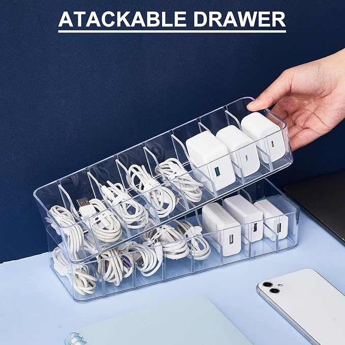 Tatuo 2 Pcs Cable Organizer with 20 Wire Ties, Plastic Cord Storage Charger Box Electronics Organizer with Adjustment Compartments Cable Storage for Drawer Home Office Desk Accessories (Clear)