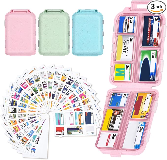 Compact Travel Pill Organizer with 189 Medicine Labels, 10 Compartments Portable Small Pill Case Daily Medicine Storage Container for Purse, Car, Airplane and Vacation Travel 3 Pack