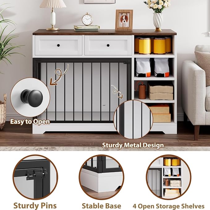 Wooden Dog Crate Furniture, Indoor Dog Kennel TV Stand with Storage, White | 2 Drawers and 4 Open Shelves, Multi-Functional Dog Kennel for Small, Medium and Large Dogs