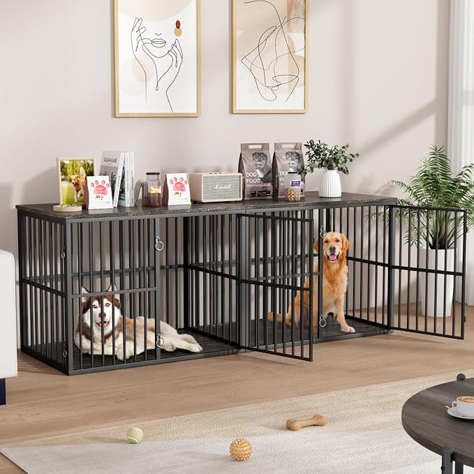 VOWNER 86.7" Double Dog Crate Furniture for 2 Large Dogs, Grey/Black | Heavy Duty Wooden Dog Kennel with Removable Divider, XXL Dog Cage TV Stand End Table with 4 Doors, Double Locks for Each Door