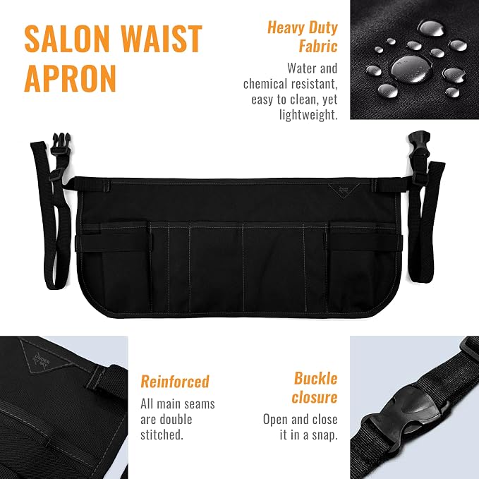 Under NY Sky Salon Waist Apron, 9 Pockets, 3 Loops, Hair Cut Belt, Black | Oxford Canvas Resists Liquids, Chemicals, Dye. Holster for Shears, Brush, Trimmer. For Hair Stylists, Makeup Artists, Barbers
