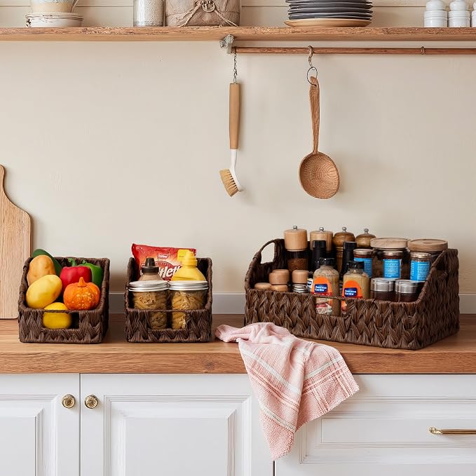 GRANNY SAYS Wicker Baskets for Organizing, Waterproof Basket for Shelves | Wicker Storage Baskets for Pantry, Open Front Basket for Shelves, Kitchen Storage Baskets, Decorative Basket for Home Decor