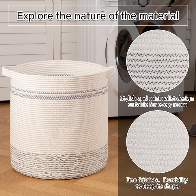 OIAHOMY 80L Laundry Basket, Laundry Hamper, Cotton Rope Storage Basket with Handles, Decorative Woven Basket for Living Room,Storage Baskets for Clothes, Blankets, and Toys -20''×18'', White&Gray | Tall Dirty Clothes Hamper with Handle,Blanket Basket,D...