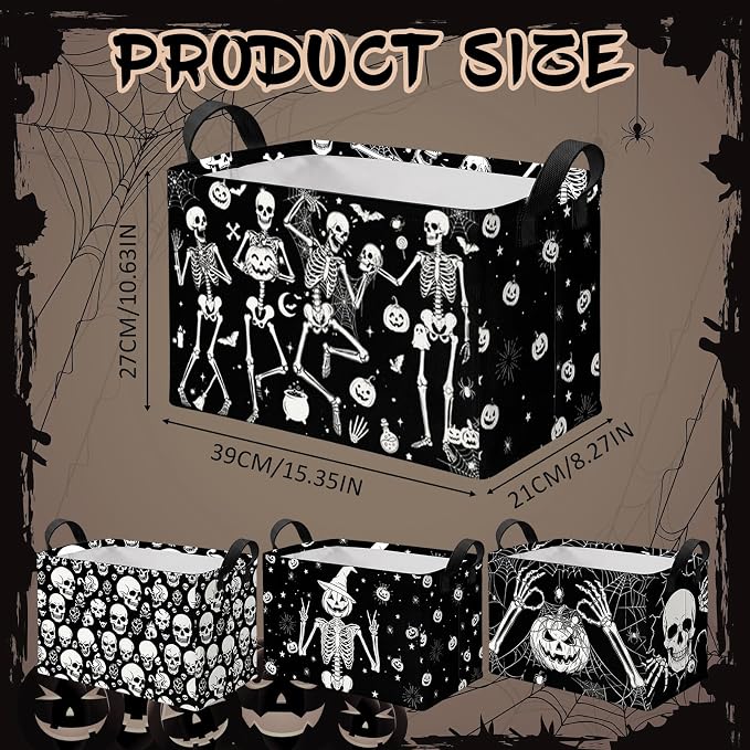 4 Pcs Halloween Storage Basket for Gifts Large Spooky Skeleton Storage Bins with Handles 15 x 10 x 8 Fabric Laundry Baskets Halloween Skull Collapsible Organizer Boxes for Home Cloth Toys Book