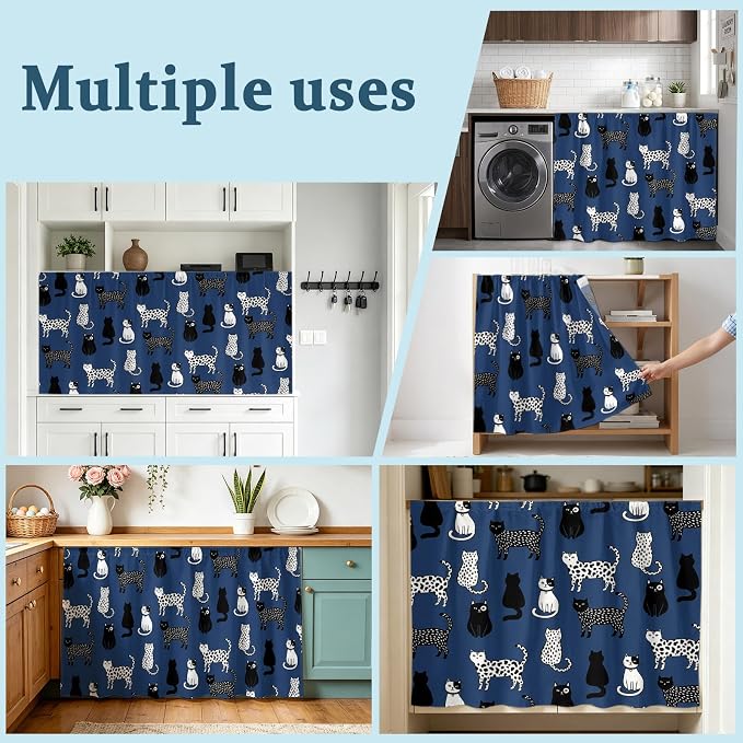 Cat Animal Cabinet Curtain 28"Wx51"L,Dustproof Storage Cabinet Curtain with Self Adhesive Tape,Navy Blue Earthy Tone Vintage Pet Modern Tall Pantry Cover Drape for Kitchen,Laundry Room,Utility Closet