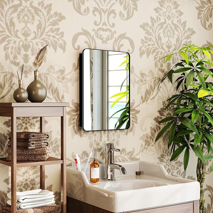 14x18 in Medicine Cabinet with Mirror for Small Space, Matte Black | Fully Assembled; Recessed or Surface Mount; Metal Construction with One Adjustable Glass Shelf for Flexible Storage