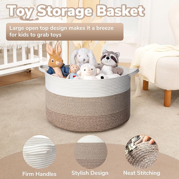 Goodpick Large Woven Basket for Blankets, Nursery & Living Room Decor, 85L | 19.7 x 19.7 x 12.6 In Storage Basket for Toys Shoes, Cute Baby Laundry Hamper for Towels, Clothes, Light & Brown