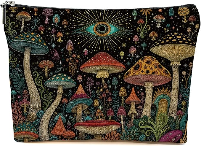 Boho Mushroom Makeup Bag, Vintage Mushrooms Cosmetic Bag Makeup Pouch | Evil Eye Travel Toiletry Bags for Women Girls Friends Sisters Wife Christmas Friendship Graduation Birthday Gifts