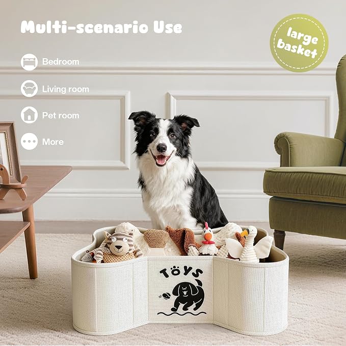 39L Dog Toy Basket, Collapsible Dog Bone Baskets for Toys, Dogs Storage Organizer with PU Handles, Pet Toys Basket with Bone Shape Design, Toy Baskets for Dogs, Gray, 22" x 14.4" x 7.5", Beige