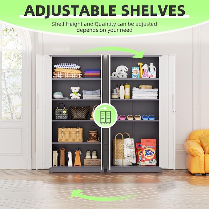 Crownland 72" Metal Storage Cabinet, Lockable Garage Cabinets, High Office Storage Cabinet with Adjustable Shelves for Garage, Home Office, Classroom, Pantry, File(Grey White-Narrow Size)